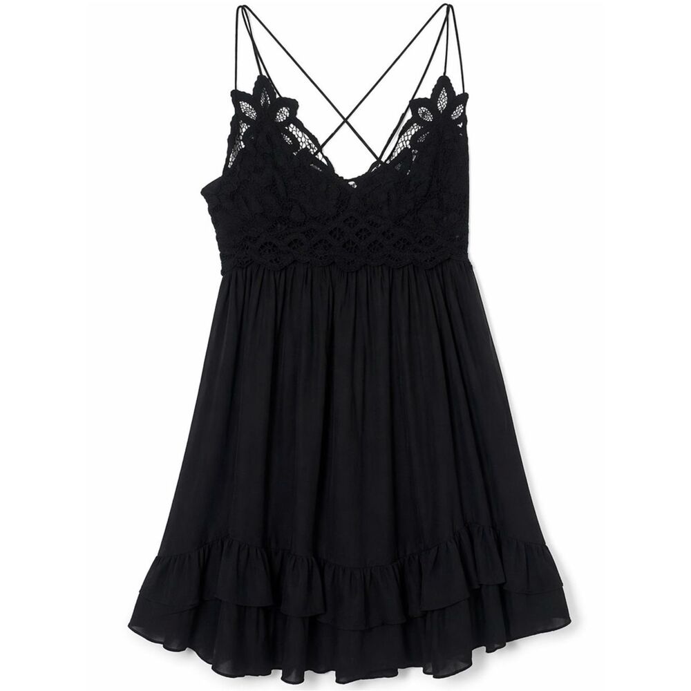 Free People Black Lace Crochet Babydoll Mini Dress Size Small Adjustable Straps